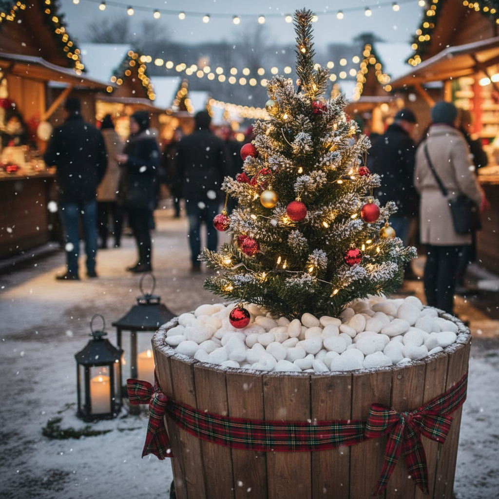Christmas tree in wooden barrel filled with snow white quartz pebbles at a festive outdoor market