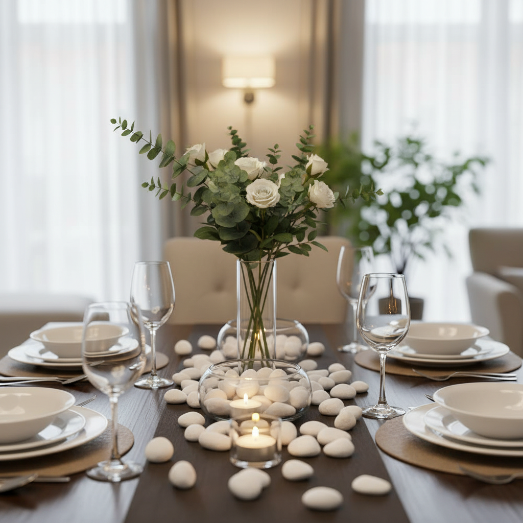 Elegant dining table decorated with snow white quartz pebbles and a vase of white roses and greenery SGI Online