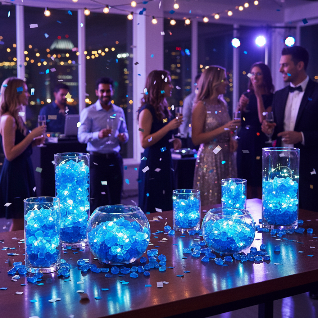 STONED turquoise glass chippings 20kg glowing in glass containers at a party setting