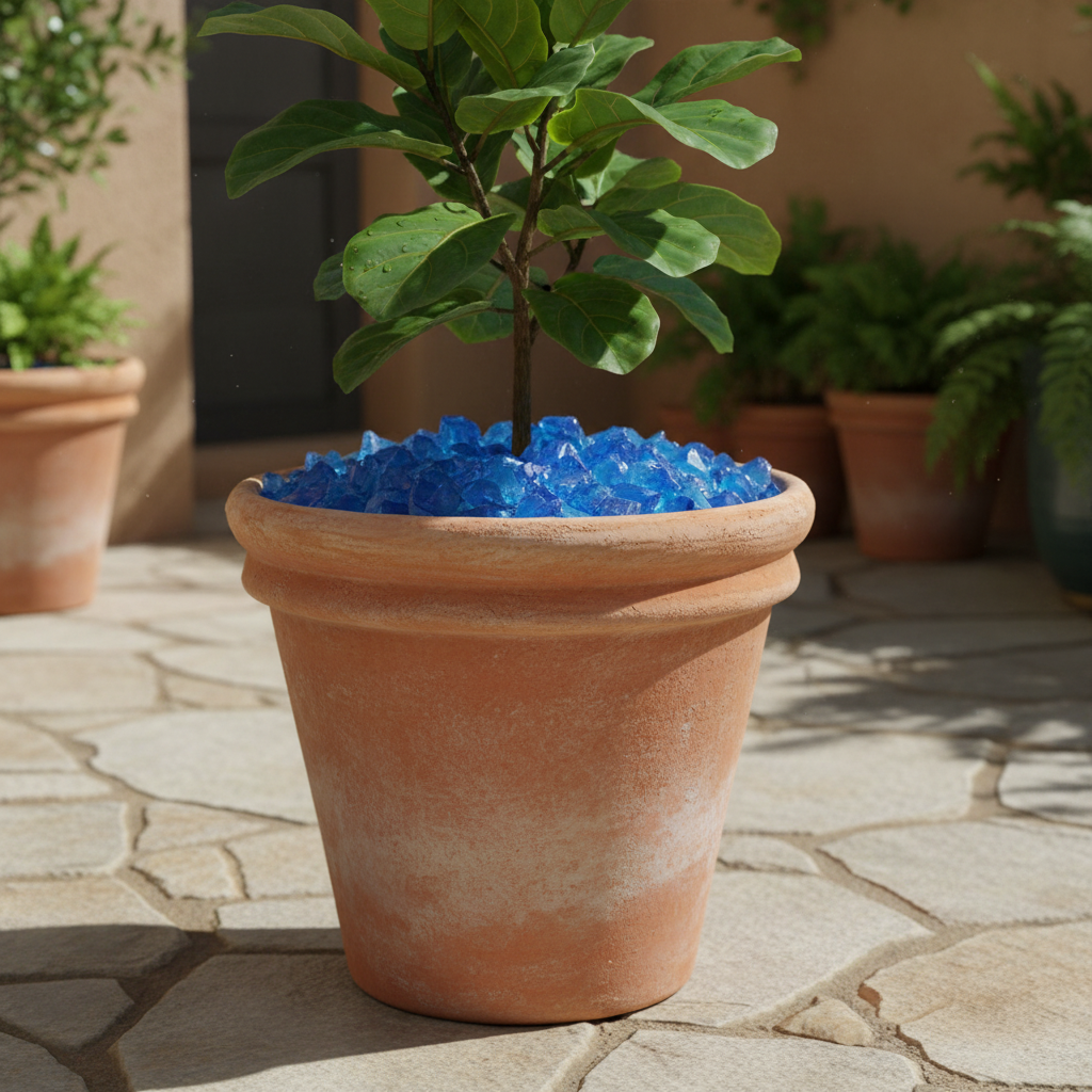 Turquoise glass chippings 20kg by STONED in a terracotta pot under a green plant outdoors SGI Online