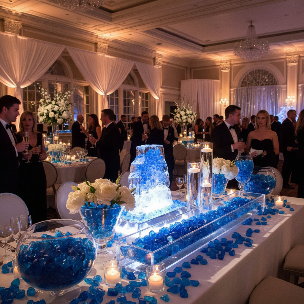 Elegant event table decorated with STONED turquoise glass chippings 20kg and white floral arrangements SGI Online