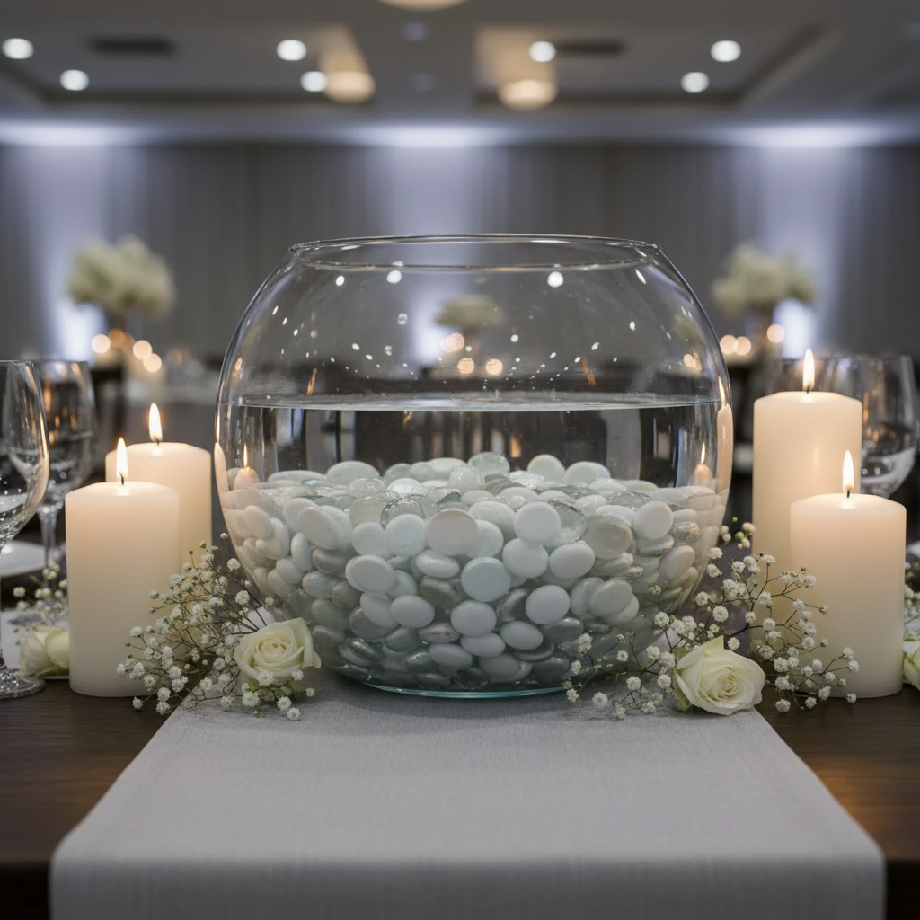 Clear glass bowl filled with white and clear glass pebbles as centerpiece surrounded by candles and flowers