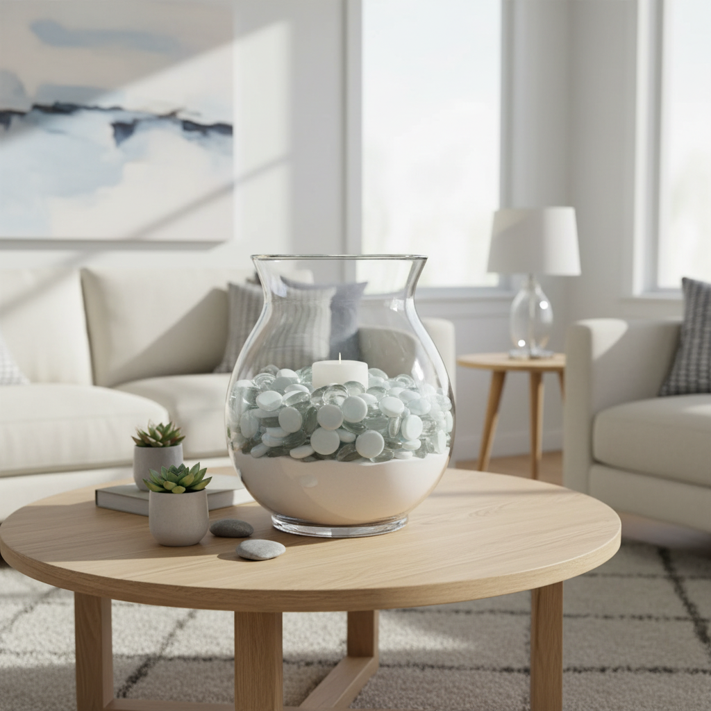 Clear glass vase filled with white and clear glass pebbles and a white candle on wooden coffee table SGI Online