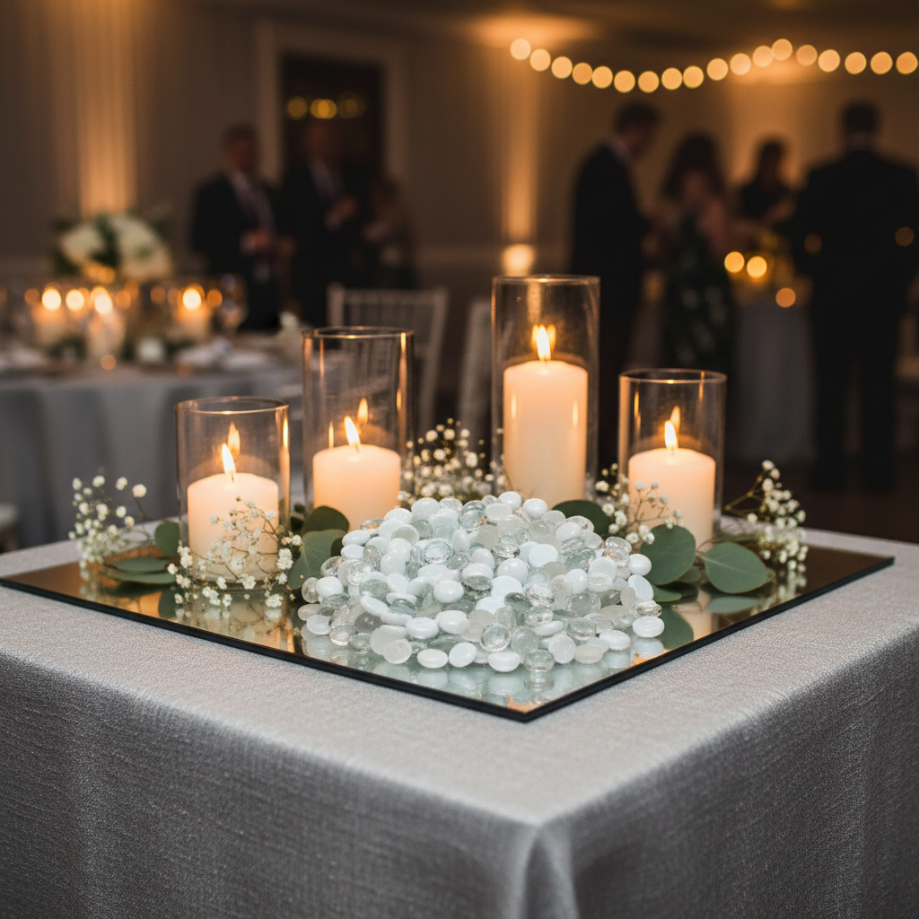 STONED white and clear glass pebbles centerpiece with candles and floral accents on mirrored tray