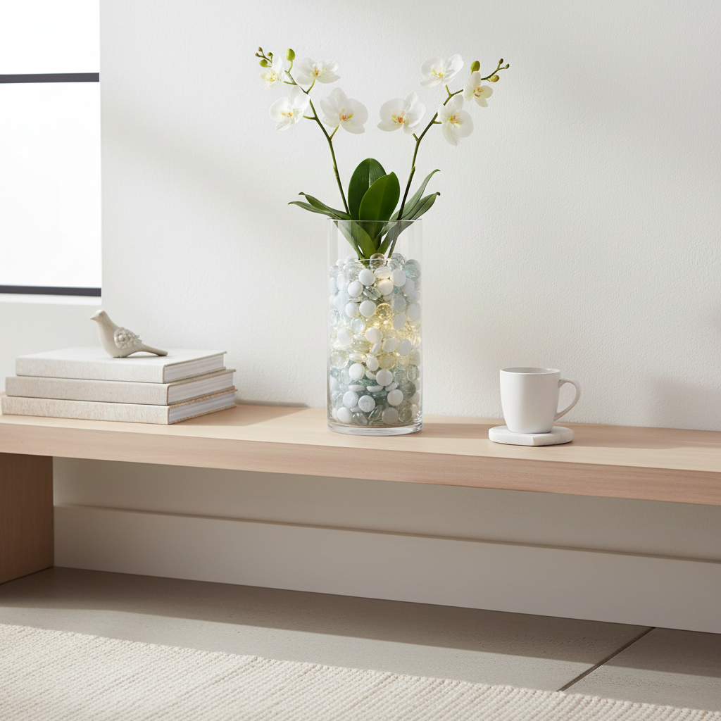 Clear glass vase filled with white and clear glass pebbles holding white orchids on a wooden shelf