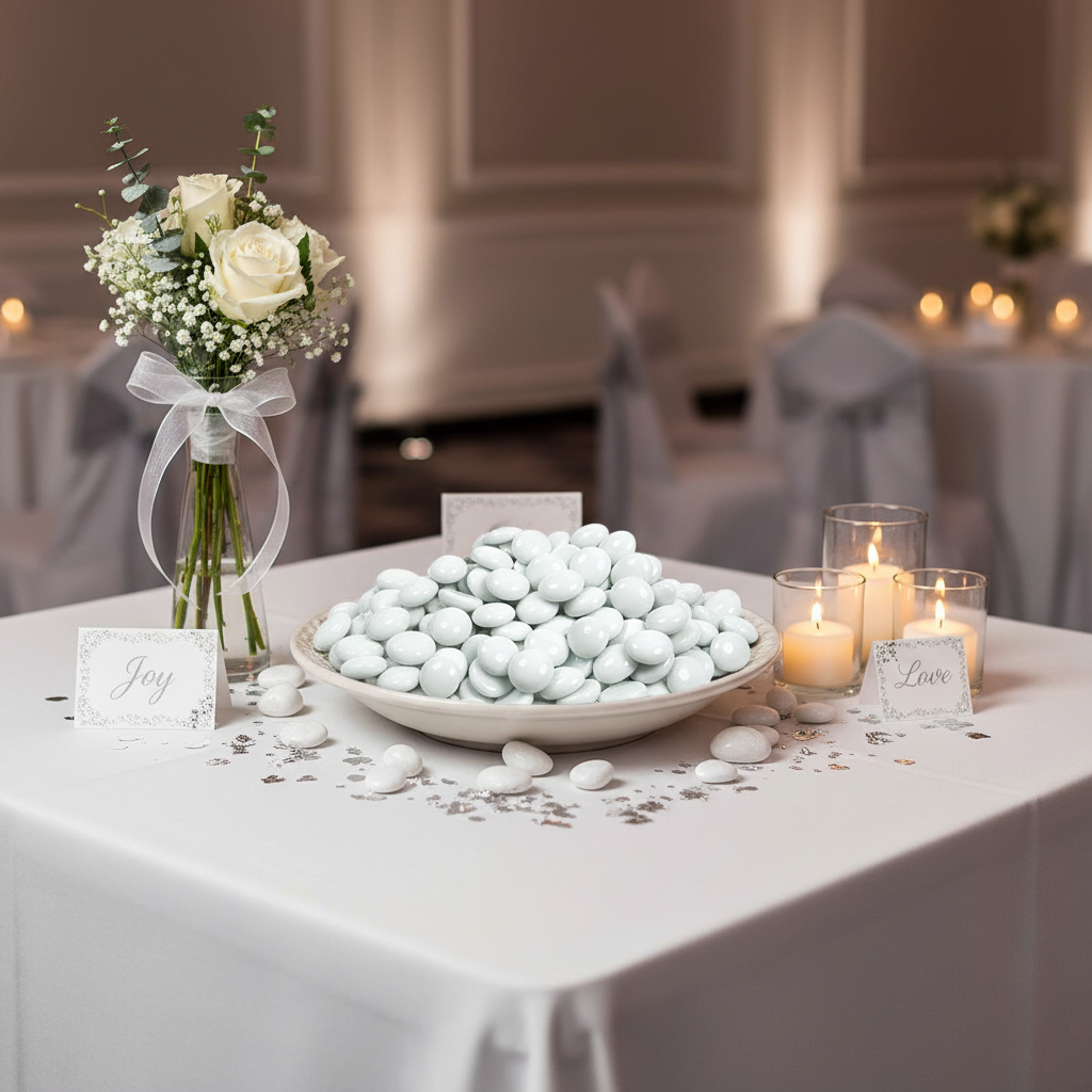 STONED white glass pebbles 15kg in a bowl on decorated table with candles and flowers for event decor SGI Online