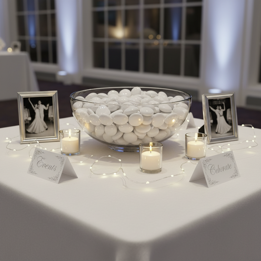 Clear glass bowl filled with white glass pebbles 15kg on white table with candles and framed photos SGI Online