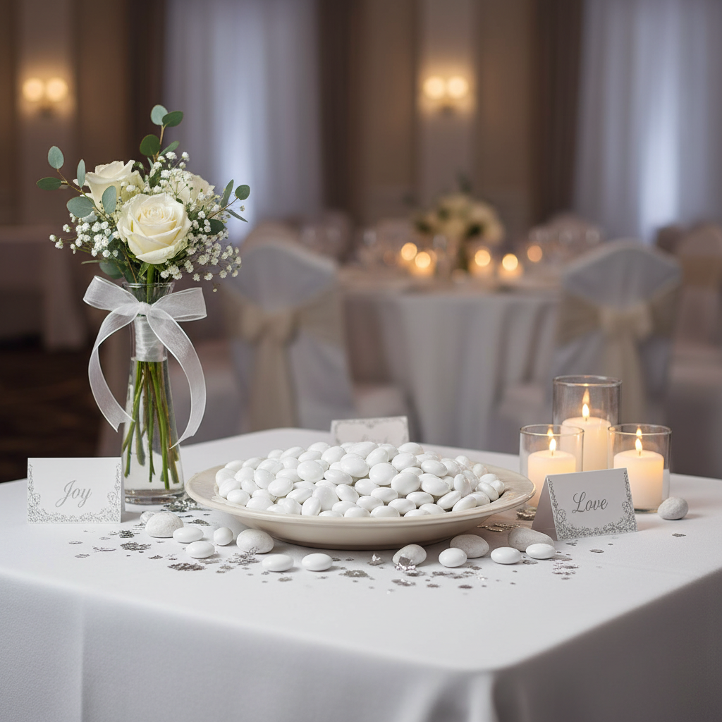 White glass pebbles 15kg displayed on a plate as elegant table decor with candles and flowers SGI Online