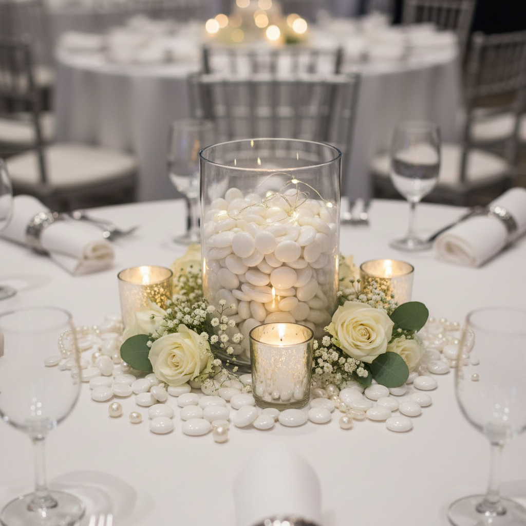 STONED white glass pebbles centerpiece with candles and white roses on a wedding table SGI Online