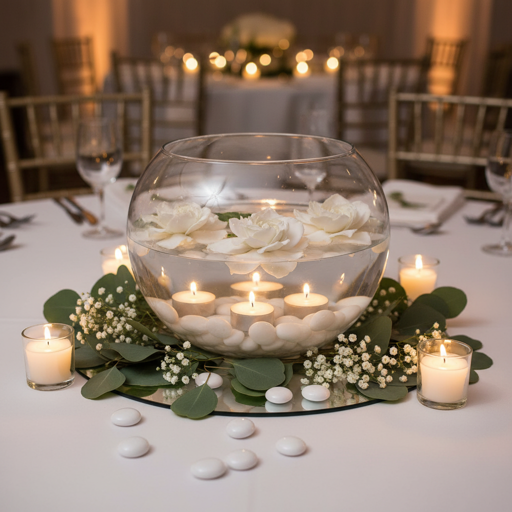 STO NED white glass pebbles in a round vase centerpiece with floating candles and white flowers