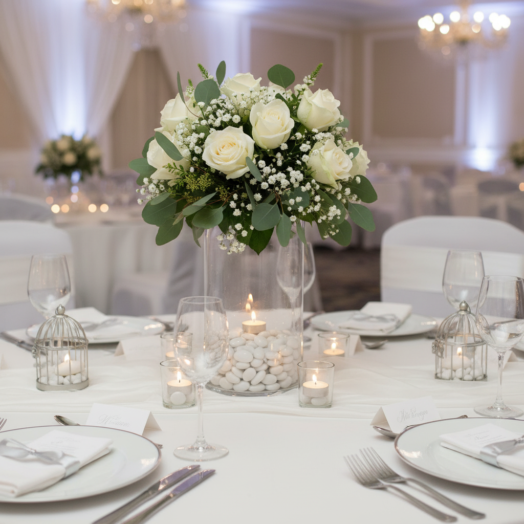 Elegant wedding table centerpiece with white glass pebbles and white roses in a clear vase SGI Online