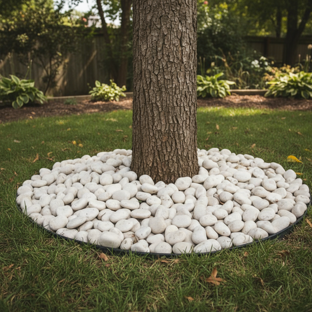 Tree base surrounded by white polished river pebbles from STONED for garden landscaping