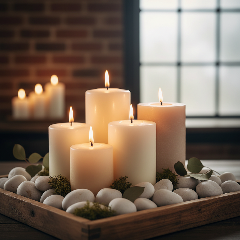 White polished river pebbles surrounding lit white candles in a wooden tray for decorative use