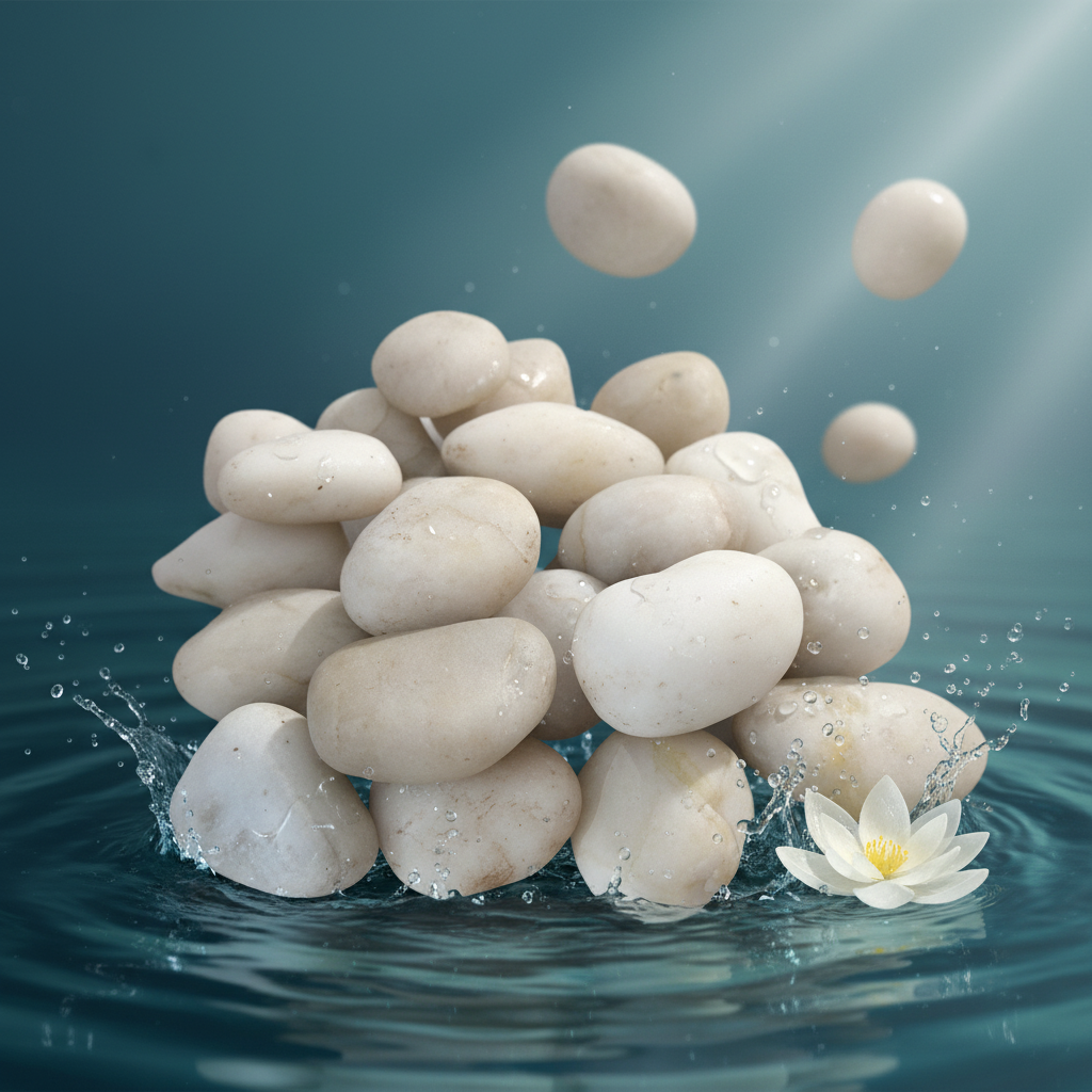 Stack of white polished river pebbles by STONED with water splashes and white lotus flower on blue background SGI Online