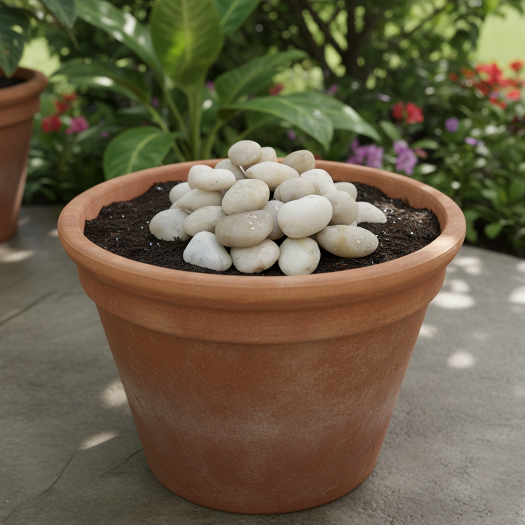 STONED white polished river pebbles displayed on soil in a terracotta plant pot outdoors