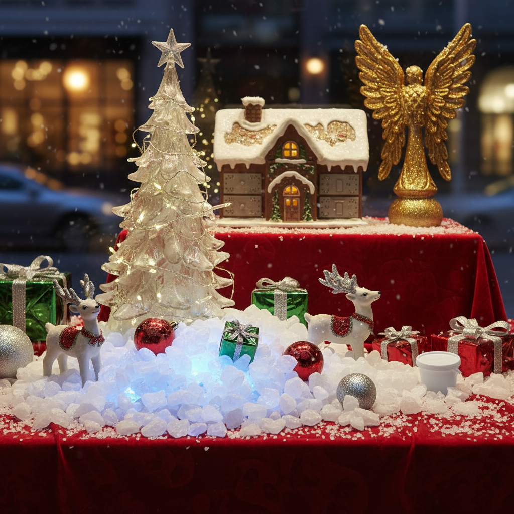 White quartz crystal chippings 5kg displayed on red cloth with Christmas decorations including reindeer and gift boxes