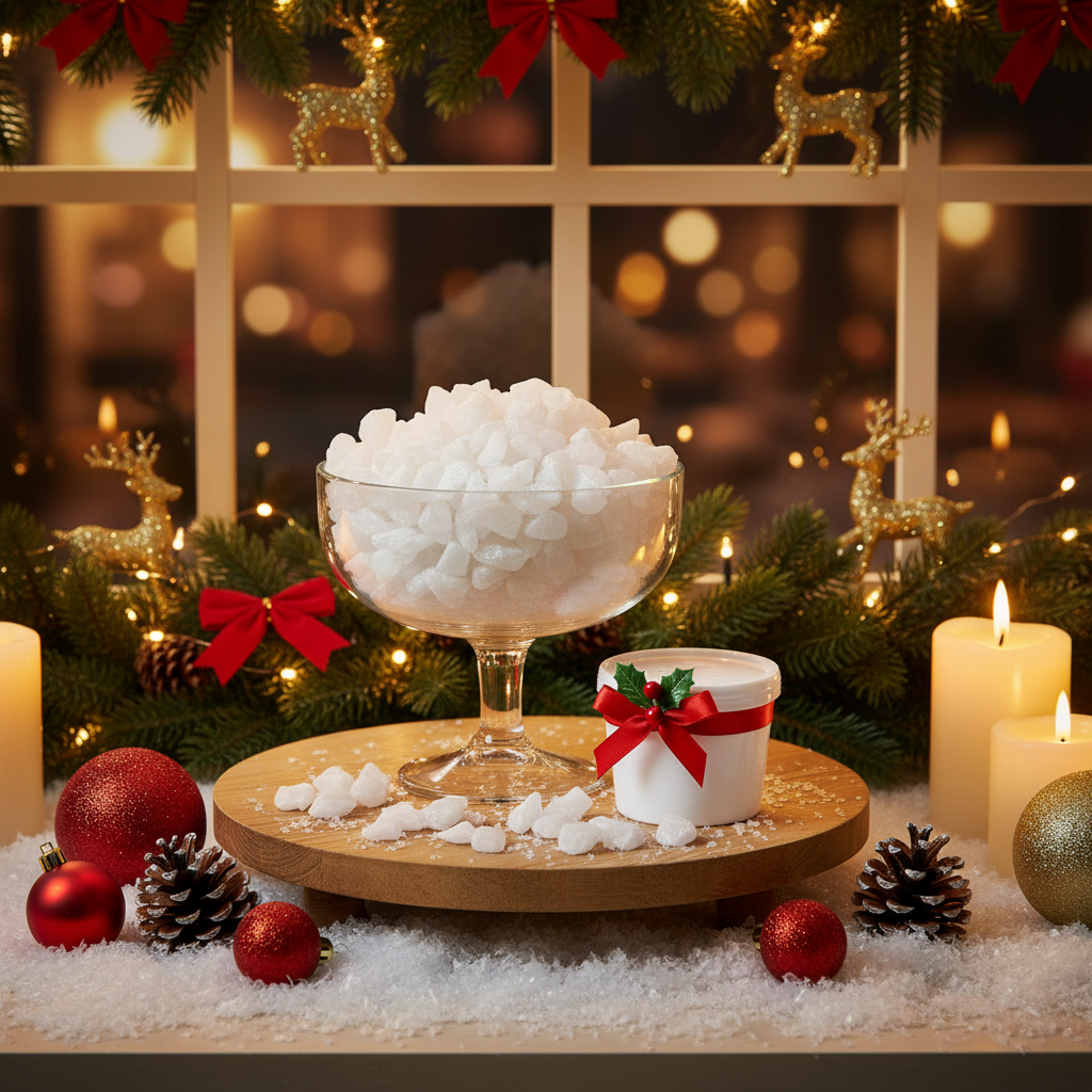 White quartz crystal chippings 5kg in a glass bowl surrounded by Christmas decorations and candles