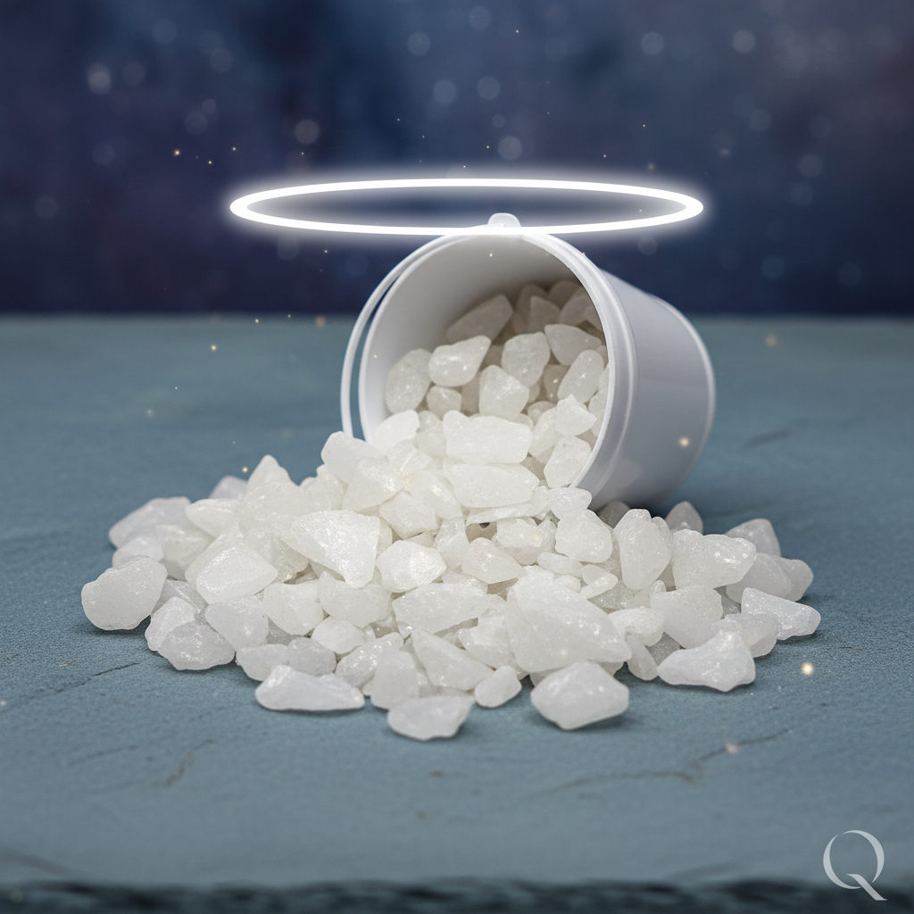 White quartz crystal chippings 5kg spilling out of a white container on a blue surface SGI Online