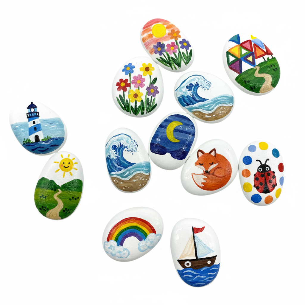 Set of white story painting pebbles featuring colorful designs like waves, flowers, fox, rainbow, and boat