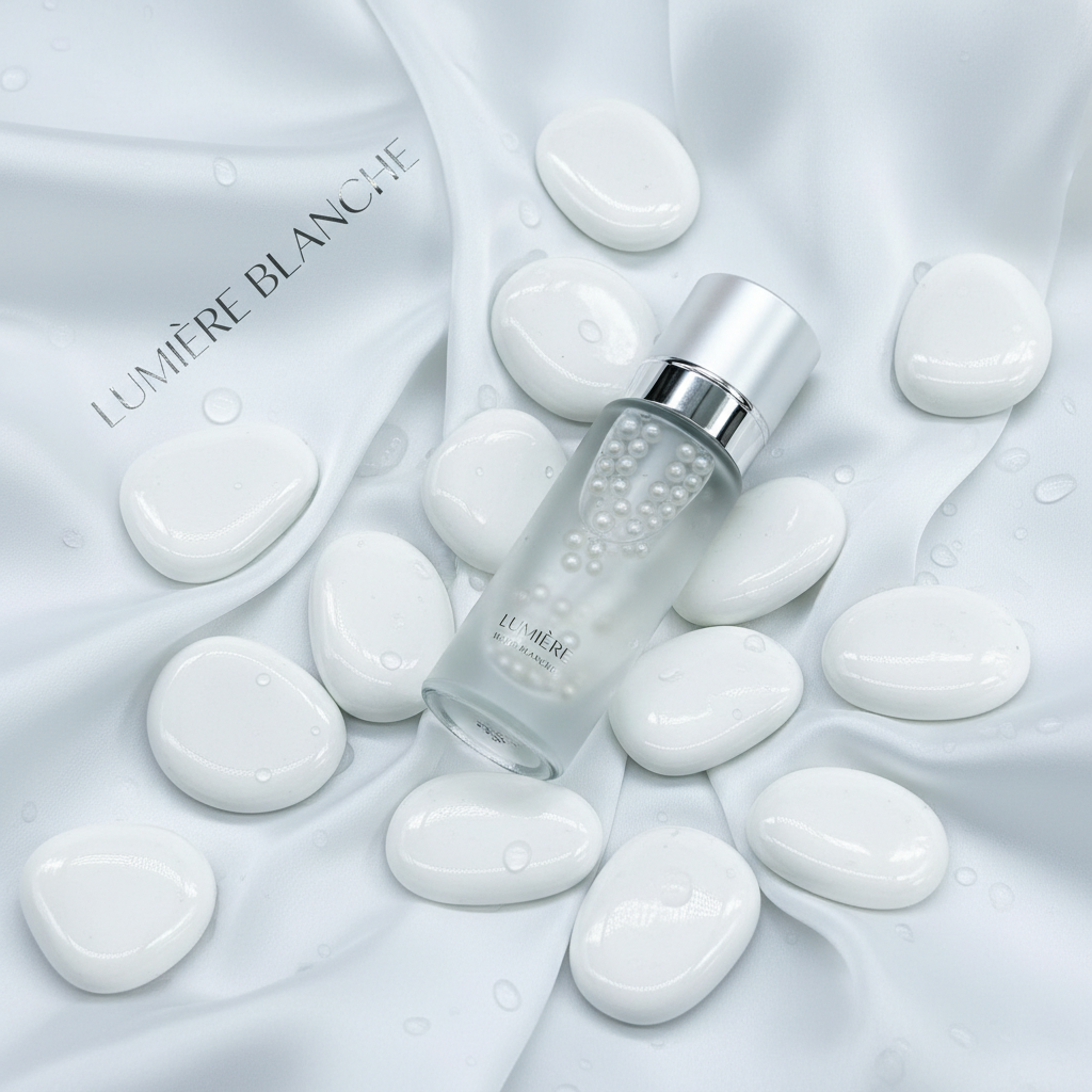 White story painting pebbles arranged around a perfume bottle on smooth white fabric SGI Online