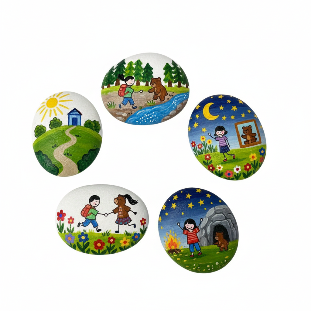White story painting pebbles by SGI Online featuring colorful hand-painted scenes of children and nature SGI Online