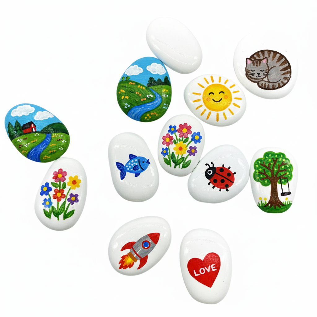 White story painting pebbles by SGI Online featuring colorful hand-painted designs including sun, cat, fish, flowers, and rocket