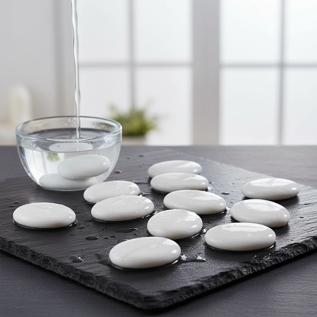 White story painting pebbles arranged on a black slate board with water being poured in a glass bowl SGI Online