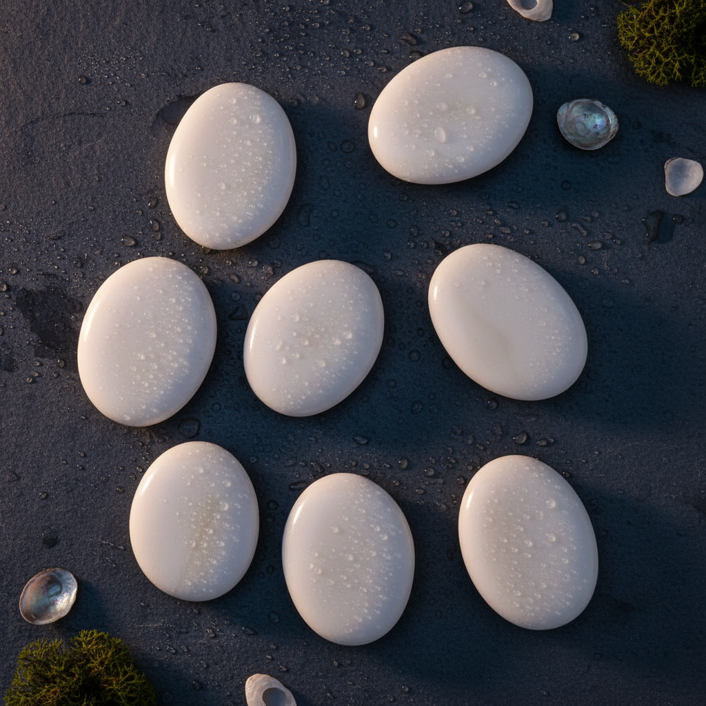 White story painting pebbles arranged on dark surface with small shells and moss by SGI Online SGI Online