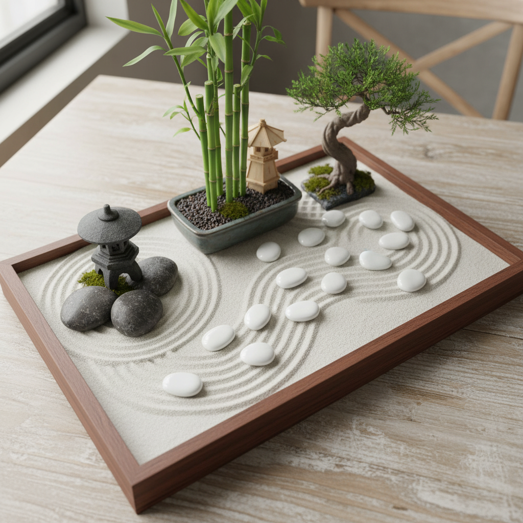 White story painting pebbles arranged in a Zen garden tray with bamboo, bonsai tree, and decorative stones SGI Online