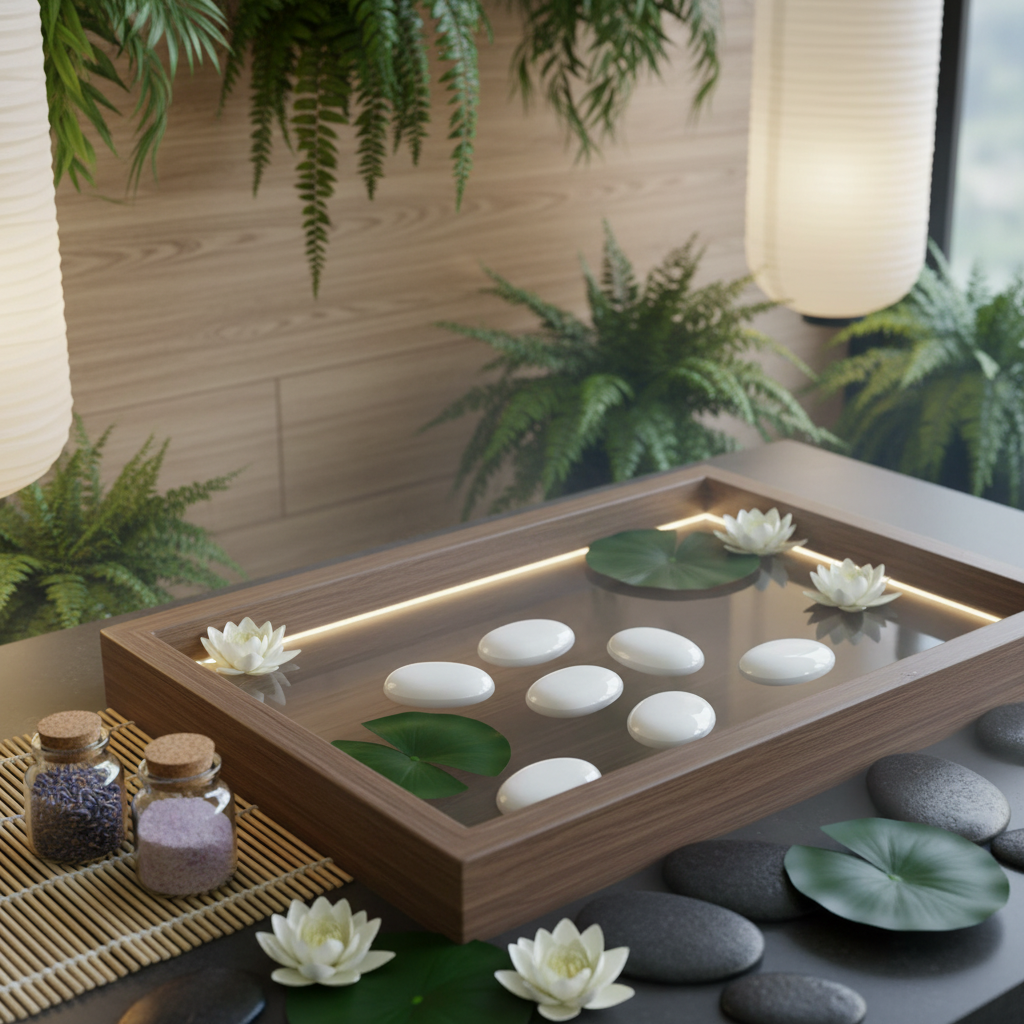White story painting pebbles arranged on a wooden tray with floating flowers and green leaves