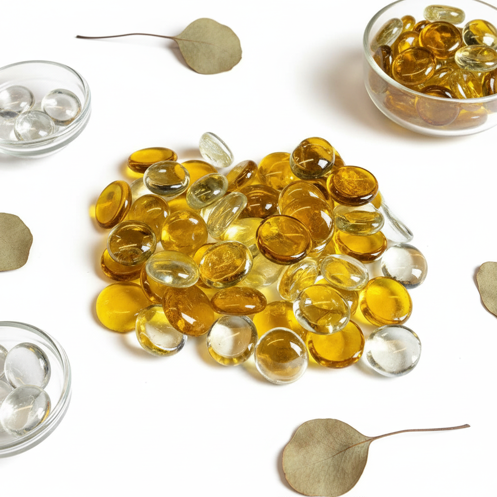 STONED yellow and clear glass pebbles displayed with small bowls and dried leaves on white background SGI Online