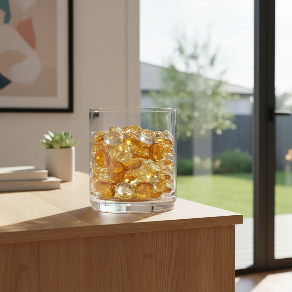Clear glass container filled with yellow and clear glass pebbles on wooden table in bright room