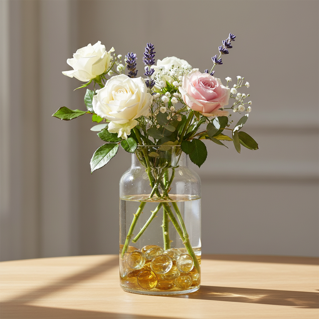Clear glass vase with white and pink roses and yellow and clear glass pebbles inside