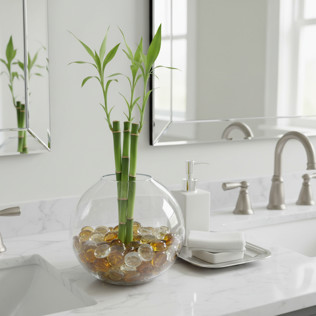 STO NED yellow and clear glass pebbles in a glass vase with green bamboo on a bathroom countertop