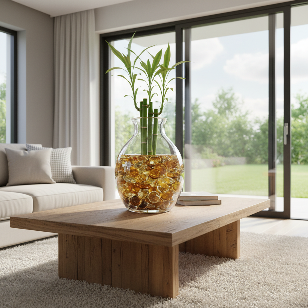 STONED yellow and clear glass pebbles filling a vase with bamboo on a wooden coffee table in a living room