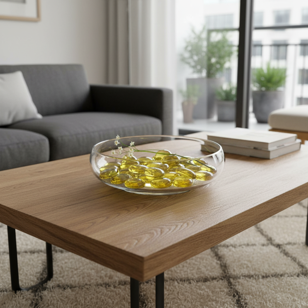 Clear glass bowl filled with yellow glass pebbles 15kg on wooden coffee table in modern living room SGI Online