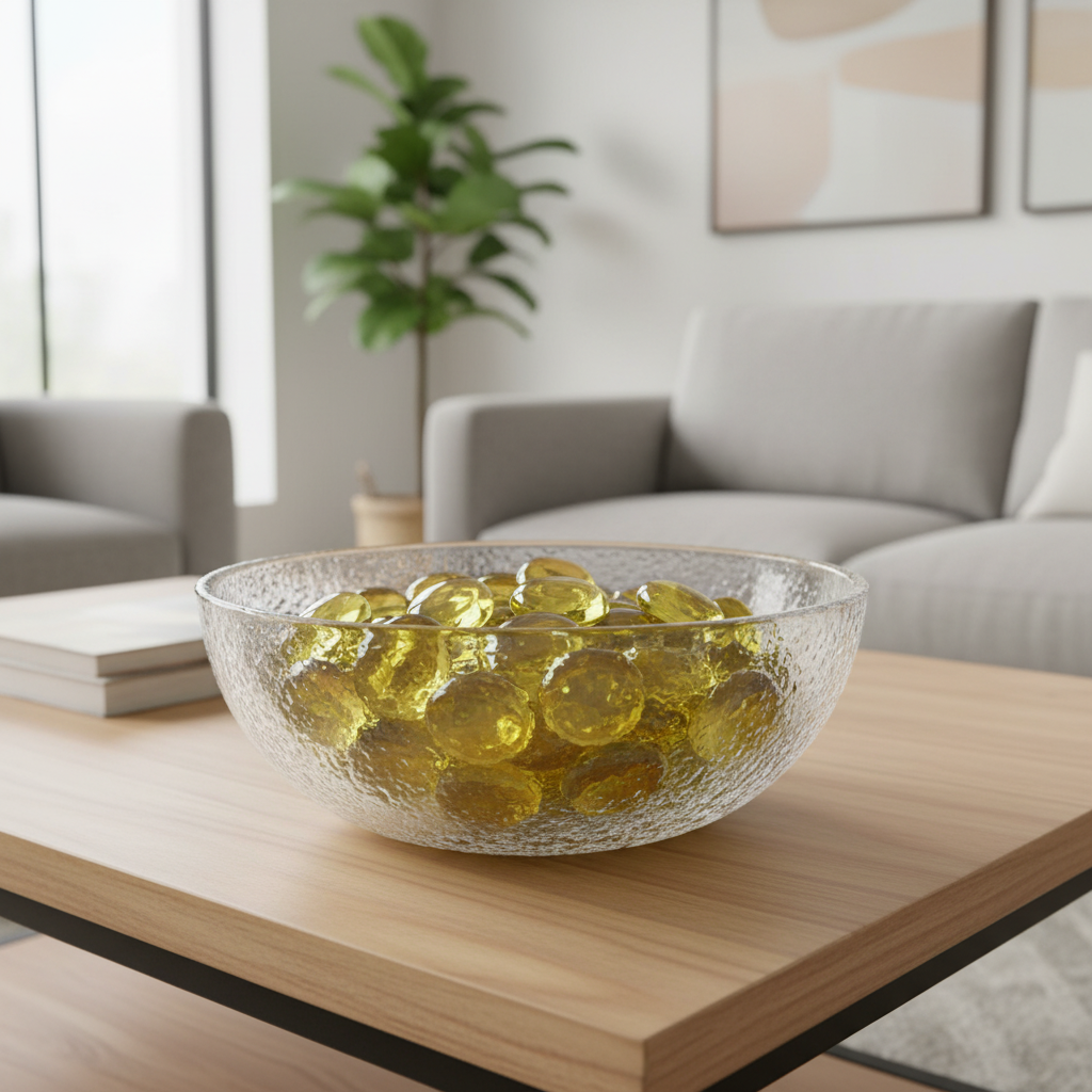 Clear glass bowl filled with yellow glass pebbles 15kg on wooden coffee table in living room SGI Online