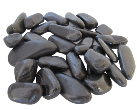 Pile of smooth black polished river cobbles with glossy finish from SGI Online SGI Online