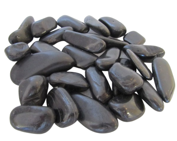 Smooth black polished river cobbles from SGI Online displayed on a black background