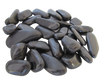 Smooth black polished river cobbles from SGI Online displayed on a black background