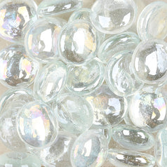 Clear iridescent glass pebbles by STONED with smooth round shapes and reflective surfaces