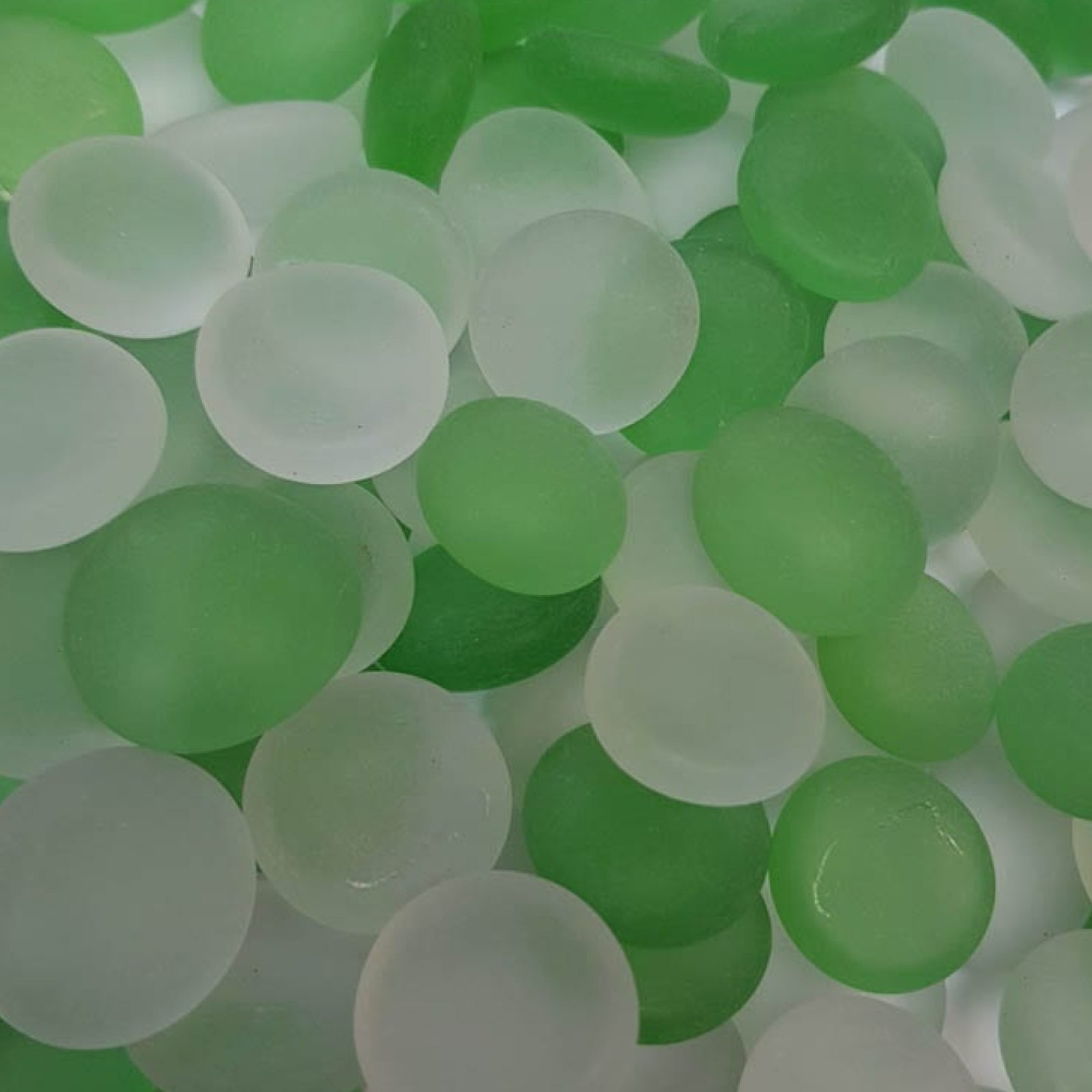 STONED frosted green and white glass pebbles with smooth rounded surfaces for decoration