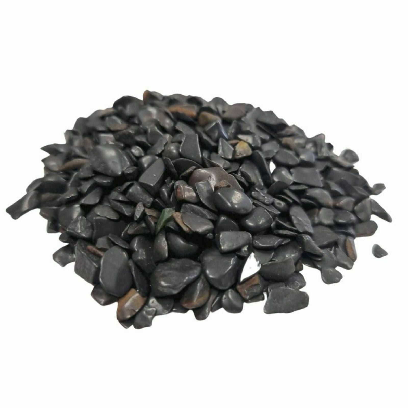 Polished black tourmaline gemstone chips pile from SGI Online for decorative and healing use