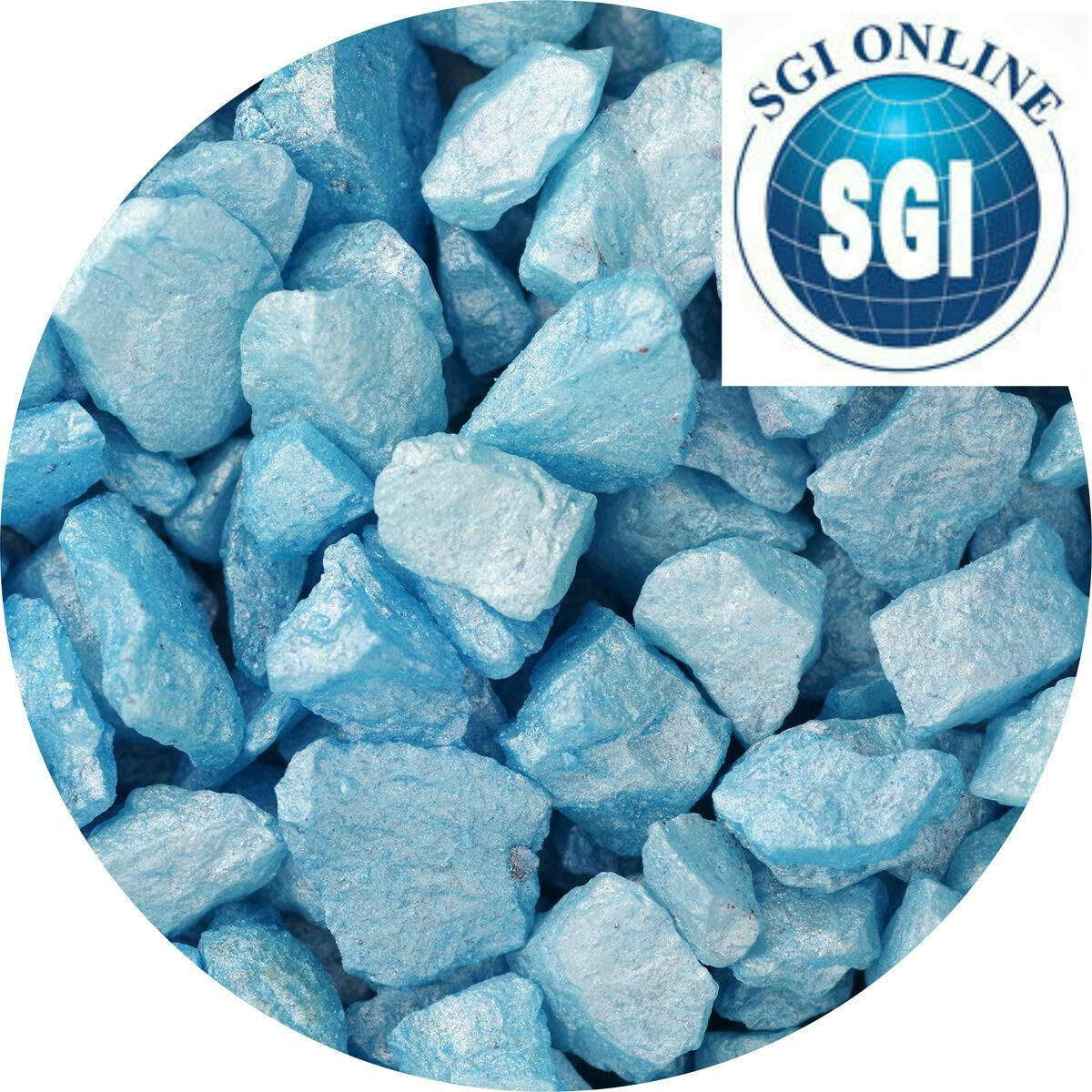 SGI Online baby blue quartz crystal chippings in vibrant light blue color for decorative use