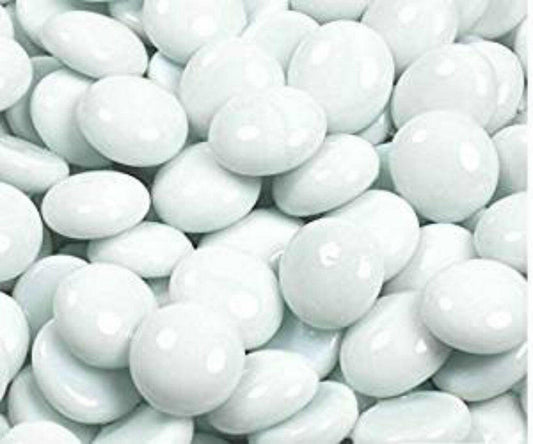 Close-up of white glass pebbles 15kg by STONED smooth and glossy decorative stones SGI Online