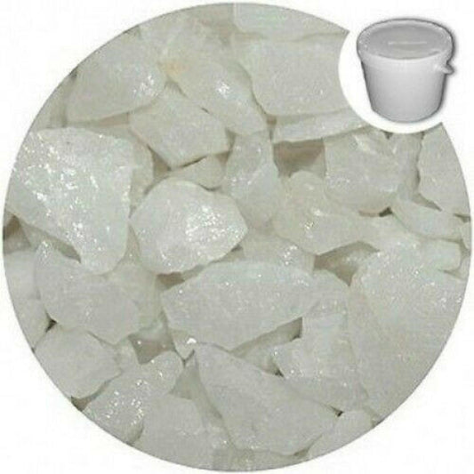White quartz crystal chippings 5kg in clear bucket by SGI Online for decorative landscaping SGI Online